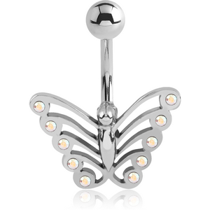 RHODIUM PLATED BRASS JEWELLED NAVEL BANANA WITH DANGLING CHARM - BUTTERFLY