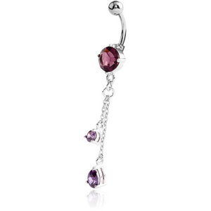 RHODIUM PLATED BRASS JEWELLED NAVEL BANANA WITH DANGLING CHARM - PEAR AND ROUND