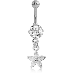 RHODIUM PLATED BRASS JEWELLED NAVEL BANANA WITH DANGLING CHARM - FLOWER