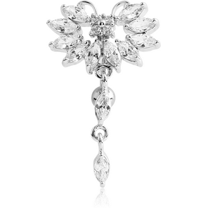 RHODIUM PLATED BRASS JEWELLED BUTTERFLY REVERSE NAVEL BANANA WITH DANGLING CHARM - PEAR