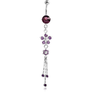 RHODIUM PLATED BRASS JEWELLED NAVEL BANANA WITH DANGLING CHARM - FLOWERS