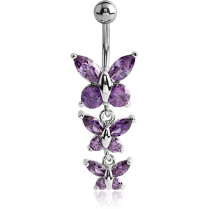 RHODIUM PLATED BRASS JEWELLED BUTTERFLY NAVEL BANANA WITH DANGLING CHARM - BUTTERFLY