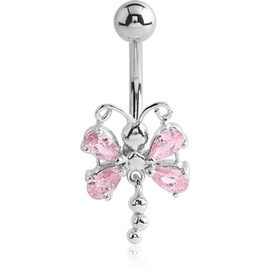 RHODIUM PLATED BRASS JEWELLED BUTTERFLY NAVEL BANANA WITH DANGLING CHARM - BALLS
