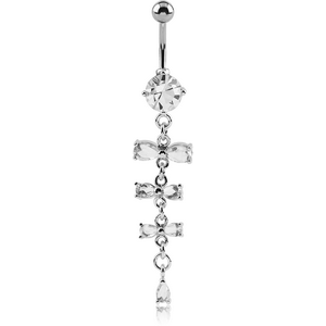 RHODIUM PLATED BRASS JEWELLED NAVEL BANANA WITH DANGLING CHARM - THREE BOWS