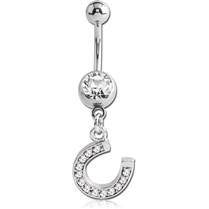 SURGICAL STEEL JEWELLED NAVEL BANANA WITH DANGLING CHARM - HORSESHOE