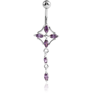RHODIUM PLATED BRASS JEWELLED FLOWER NAVEL BANANA WITH DANGLING CHARM - DROPS