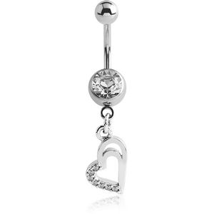 SURGICAL STEEL JEWELLED NAVEL BANANA WITH DANGLING CHARM - HEART