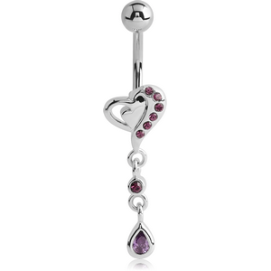 RHODIUM PLATED BRASS JEWELLED HEART NAVEL BANANA WITH DANGLING CHARM - DROP