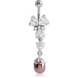 RHODIUM PLATED BRASS JEWELLED BUTTERFLY NAVEL BANANA WITH DANGLING CHARM - SYNTHETIC PEARL
