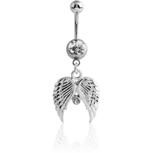 SURGICAL STEEL JEWELLED NAVEL BANANA WITH DANGLING CHARM - WINGS