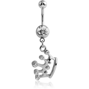 SURGICAL STEEL JEWELLED NAVEL BANANA WITH DANGLING CHARM - CROWN