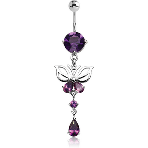 RHODIUM PLATED BRASS JEWELLED NAVEL BANANA WITH DANGLING CHARM - BUTTERFLY