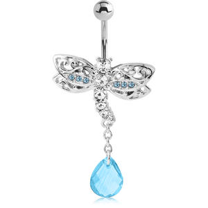 RHODIUM PLATED BRASS JEWELLED DRAGONFLY NAVEL BANANA WITH DANGLING CHARM - DROP