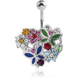RHODIUM PLATED BRASS JEWELLED NAVEL BANANA WITH ENAMEL - HEART WITH BUTTERFLIES