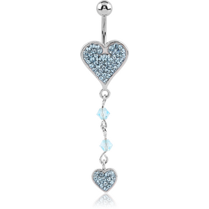 RHODIUM PLATED BRASS CRYSTALINE JEWELLED HEART NAVEL BANANA WITH DANGLING CHARM - HEART