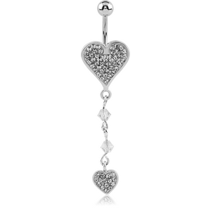 RHODIUM PLATED BRASS VALUE CRYSTALINE JEWELLED HEART NAVEL BANANA WITH DANGLING CHARM - HEART