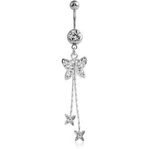 SURGICAL STEEL JEWELLED NAVEL BANANA WITH DANGLING CHARM - BUTTERFLY
