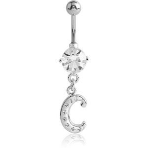 RHODIUM PLATED BRASS PRONG SET JEWELLED NAVEL BANANA WITH CRYSTALINE DANGLING CHARM - C