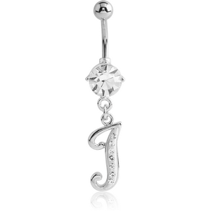 RHODIUM PLATED BRASS PRONG SET JEWELLED NAVEL BANANA WITH CRYSTALINE DANGLING CHARM - J