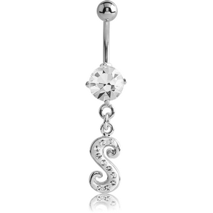RHODIUM PLATED BRASS PRONG SET JEWELLED NAVEL BANANA WITH CRYSTALINE DANGLING CHARM - S
