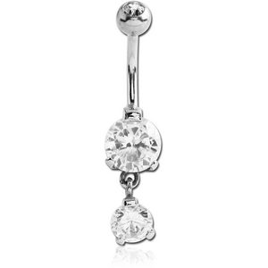 SURGICAL STEEL DOUBLE ROUND CZ DANGLE BANANA WITH JEWELLED BALL