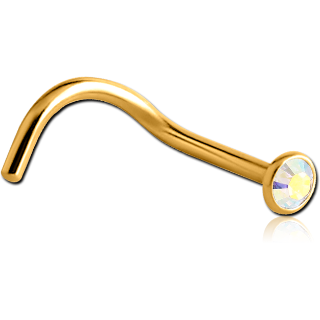GOLD PVD 18K COATED TITANIUM OPTIMA CRYSTAL JEWELLED CURVED NOSE STUD