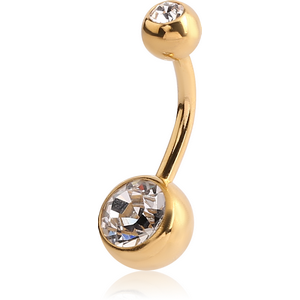 GOLD PVD COATED SURGICAL STEEL DOUBLE PREMIUM CRYSTALS JEWELLED NAVEL BANANA
