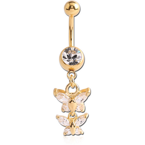 GOLD PLATED SURGICAL STEEL JEWELED NAVEL BANANA WITH BUTTERFLY CHARM
