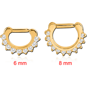 GOLD PLATED SURGICAL STEEL JEWELED ROUND PRONG SET HINGED SEPTUM CLICKER RING