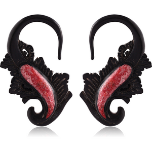 ORGANIC WOODEN CLAW EARRINGS PAIR IRON CORAL INLAID