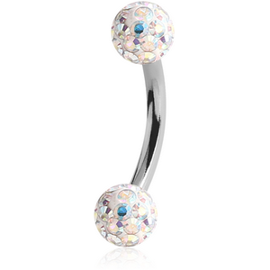 SURGICAL STEEL CURVED MICRO BARBELL WITH EPOXY COATED CRYSTALINE JEWELLED BALLS