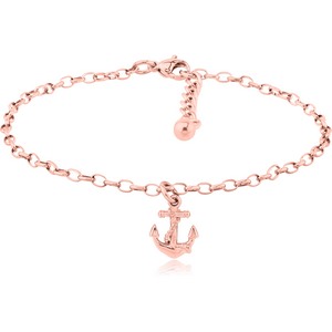 ROSE GOLD PVD COATED SURGICAL STEEL OVAL ROLLO CHAIN ANKLET WITH CHARM - ANCHOR