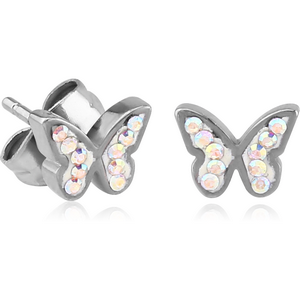 PAIR OF SURGICAL STEEL CRYSTALINE JEWELED EAR STUDS-BUTTERFLY
