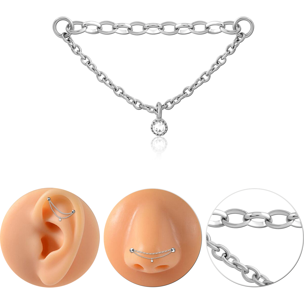 STAINLESS STEEL CABLE OVAL ROLLO CHAIN ACCESORY - TWO WITH SLIDING JEWEL