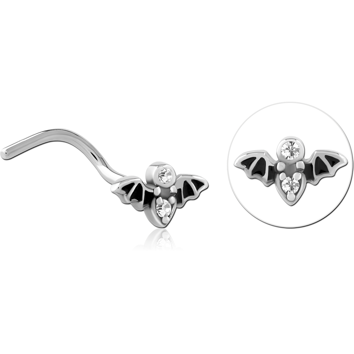 SURGICAL STEEL CURVED JEWELLED NOSE STUD - BAT