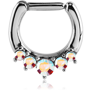 SURGICAL STEEL ROUND HIGH END CRYSTALS JEWELLED HINGED SEPTUM CLICKER