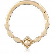 14K GOLD HINGE SEGMENT RING GEOMETRIC DIAMOND CENTER NOSE HOOP