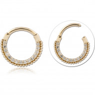 14K GOLD HINGE SEGMENT RING PAVE AND BEADED EDGE