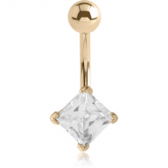 14K GOLD SQUARE PRONG SET 5MM CZ NAVEL BANANA WITH HOLLOW TOP BALL