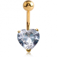 14K GOLD HEART PRONG SET 10MM CZ NAVEL BANANA WITH HOLLOW TOP BALL PIERCING