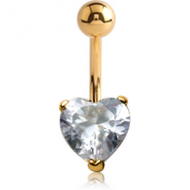 14K GOLD HEART PRONG SET 6MM CZ NAVEL BANANA WITH HOLLOW TOP BALL PIERCING