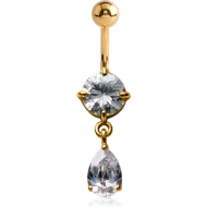 14K GOLD OVAL CZ DANGLE NAVEL BANANA WITH HOLLOW TOP BALL