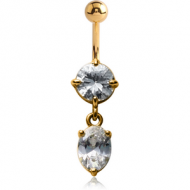 14K GOLD OVAL CZ DANGLE NAVEL BANANA WITH HOLLOW TOP BALL