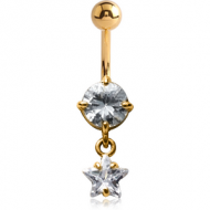 14K GOLD STAR CZ DANGLE NAVEL BANANA WITH HOLLOW TOP BALL