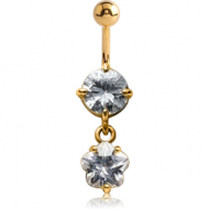 14K GOLD FLOWER CZ DANGLE NAVEL BANANA WITH HOLLOW TOP BALL