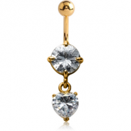 14K GOLD HEART CZ DANGLE NAVEL BANANA WITH HOLLOW TOP BALL