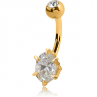 14K GOLD OVAL PRONG SET CZ NAVEL BANANA WITH JEWELLED TOP BALL PIERCING