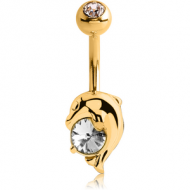 14K GOLD CZ DOLPHIN NAVEL BANANA WITH JEWELLED TOP BALL