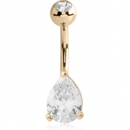 14K GOLD TEAR DROP PRONG SET CZ NAVEL BANANA WITH JEWELLED TOP BALL