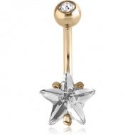 14K GOLD STAR PRONG SET 8MM CZ NAVEL BANANA WITH JEWELLED TOP BALL PIERCING